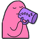 pink blob drinking coffee