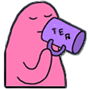pink blob drinking tea