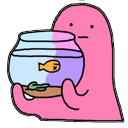 pink blob holding goldfish
